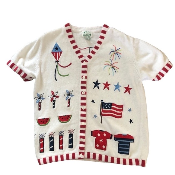 Quaker Factory Costal Grandma America Patriotic Cardigan Sweater M Stars Flags - Picture 1 of 6